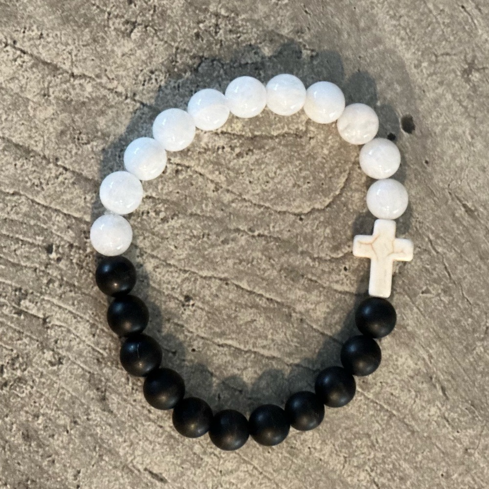 Matte Onyx & Quarts half and half bracelet with Howlite Cross